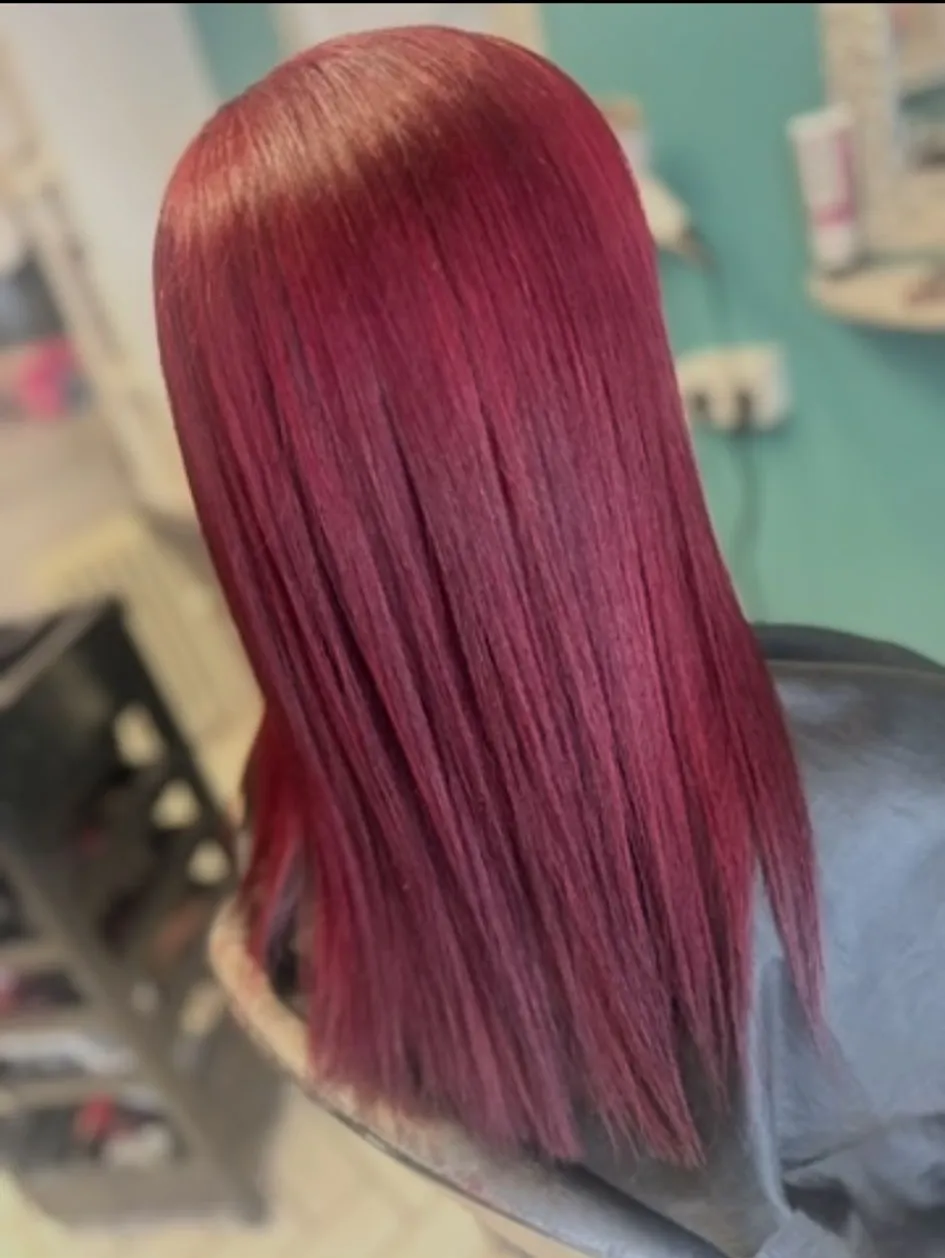 Glossy straight deep burgundy full-head colour